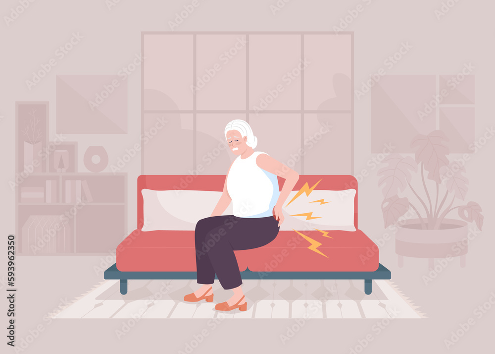 Age related osteoarthritis flat color raster illustration. Elderly woman suffering from lower back pain. Health condition. 2D simple cartoon character with cozy interior on background