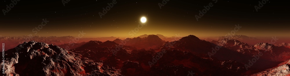 Naklejka premium Panorama of Mars at sunset, sunrise above the surface of Mars, Martian landscape, 3d rendering