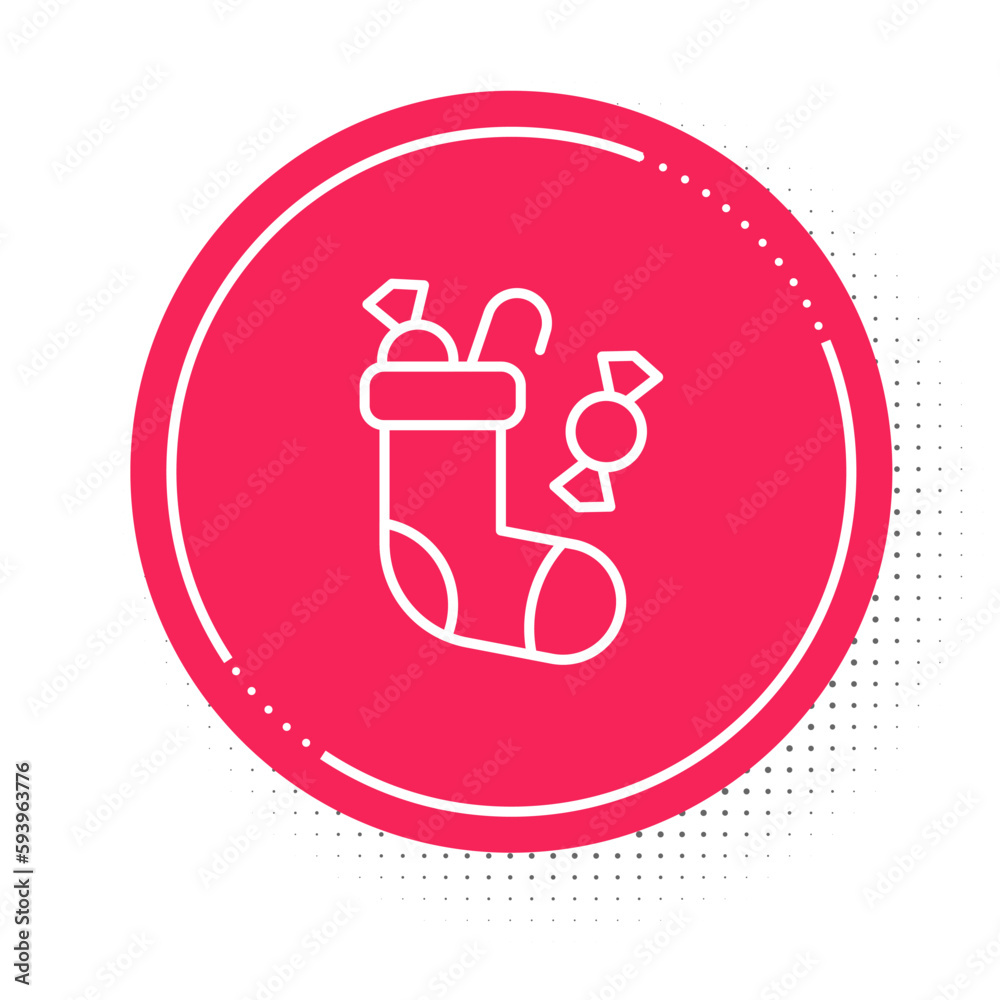White line Christmas stocking icon isolated on white background. Merry Christmas and Happy New Year. Red circle button. Vector