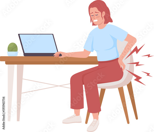 Woman suffering from backache after sitting all day semi flat color raster character. Full body person on white. Simple cartoon style illustration for web graphic design and animation photo