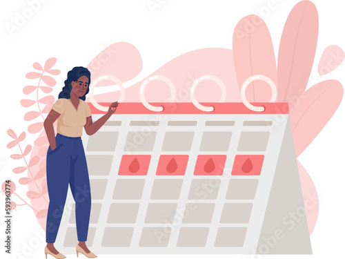 Regular menstrual cycle 2D raster isolated illustration. Happy woman flat character on cartoon background. Colourful scene for website, presentation. Nerko One Regular, Quicksand fonts used
