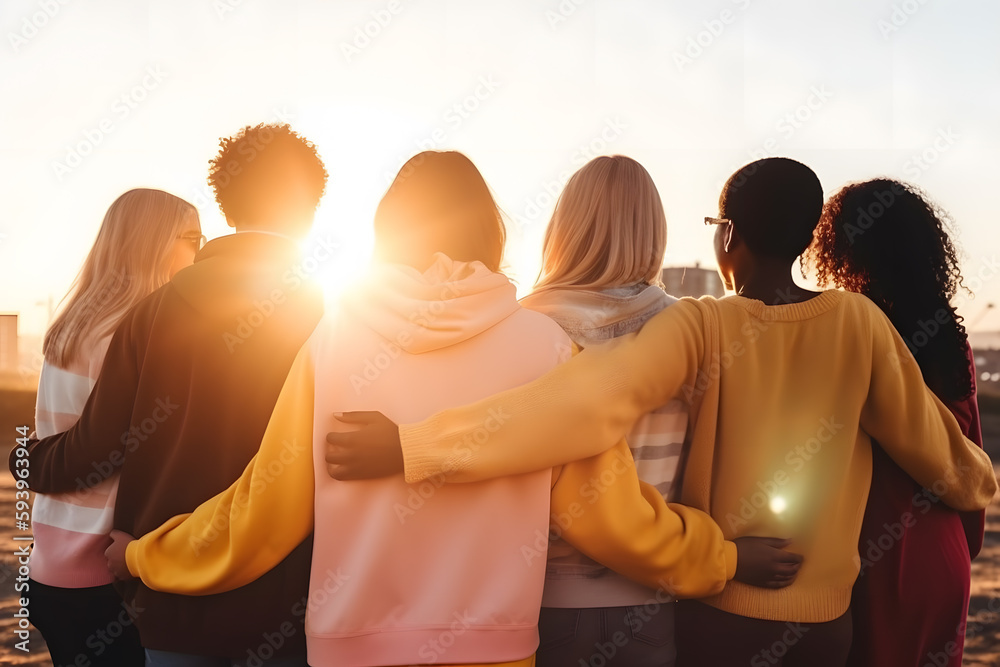 group of people from different races, dressed in vibrant clothes, hugging each other from behind on a sunny day, symbolizing the concept of support, help, and youth community ai generated art - obrazy, fototapety, plakaty 