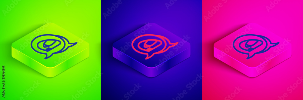 Isometric line Racing helmet icon isolated on green, blue and pink background. Extreme sport. Sport equipment. Square button. Vector Isometric line Racing helmet icon isolated on green, blue and pink background. Extreme sport. Sport equipment. Square button. Vector