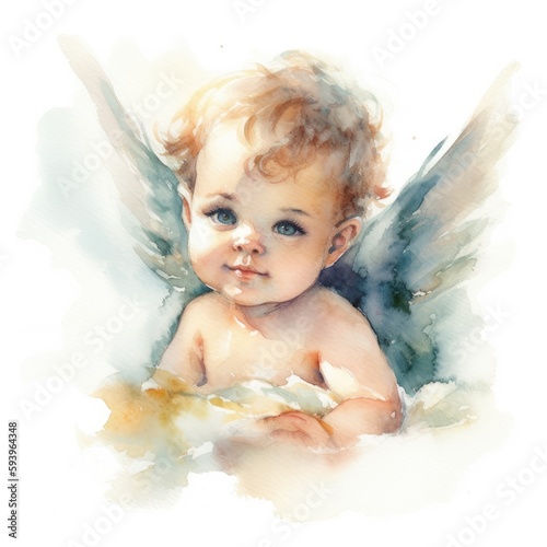 Foto Cherubic Watercolor Angel on White Background - Watercolor Painting - Generative