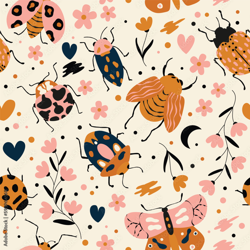Seamless pattern with cute bugs, beetles, moth and insects, with floral elements, hearts and dots. Colorful hand drawn vector illustration Seamless pattern with cute bugs, beetles, moth and insects, with floral elements, hearts and dots. Colorful hand drawn vector illustration