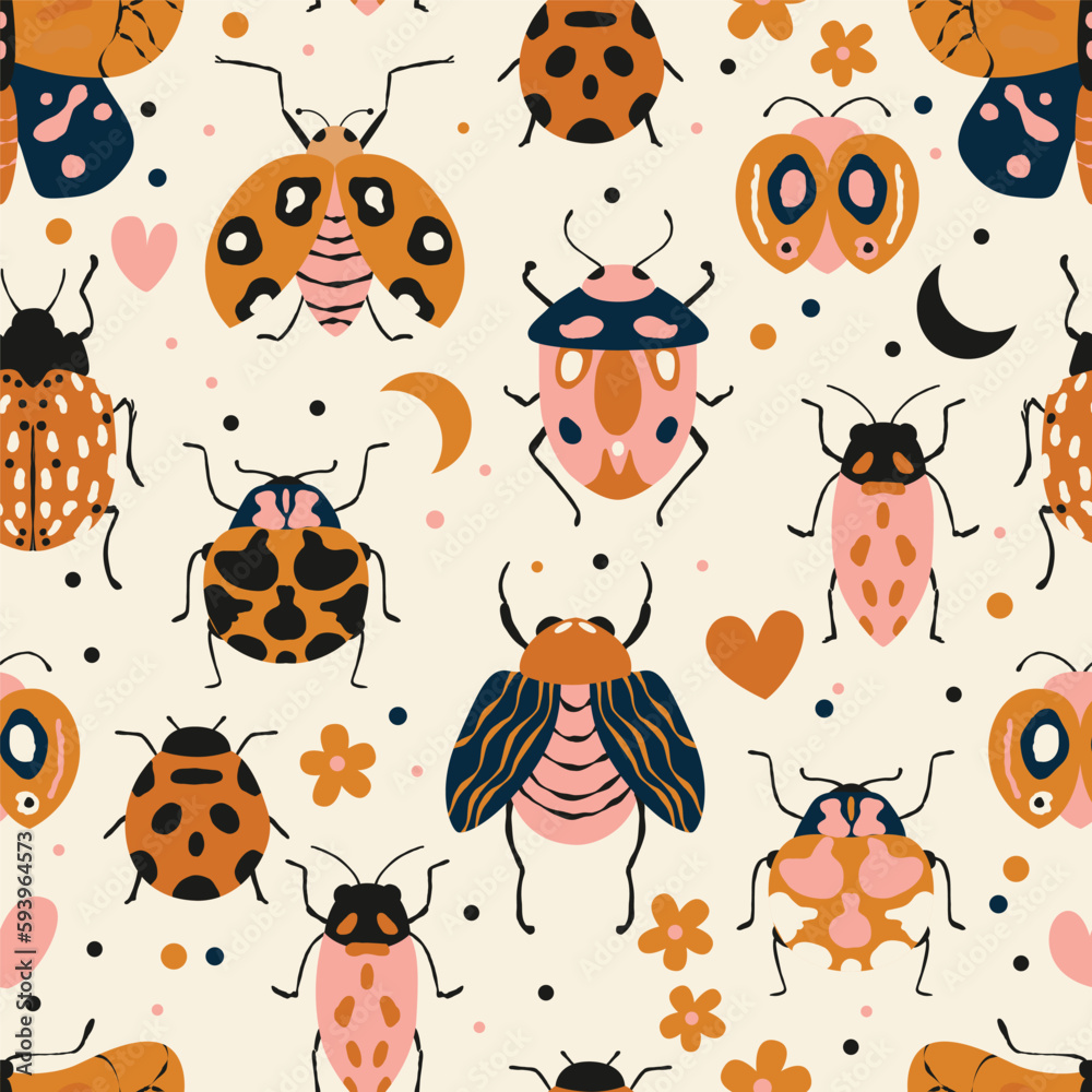 Fototapeta premium Seamless pattern with cute bugs, beetles, moth and insects, with floral elements, hearts and dots. Colorful hand drawn vector illustration