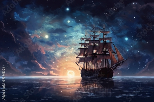 Pirate ship with sails on the sea among the night sky with many stars reflected in the water. AI Generated