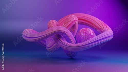 Loop 3d animation. An abstract knot, a twisted torus, a curved ring and a sphere with waves on the surface. Color scheme with gradient transitions. Fantastic background. Futuristic design