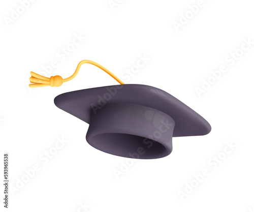 3d fly graduate cap. School icon. Cap in air. Student hat throw in realistic minimal style. Education, training, knowledge concept. Vector cartoon illustration