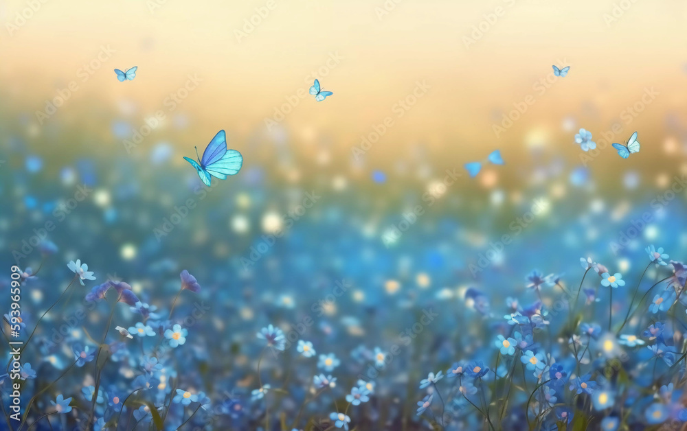 blue butterflies over a field of blue flowers