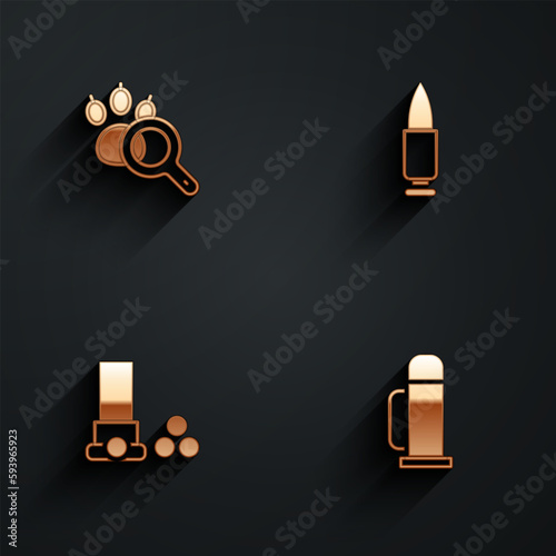 Set Paw search, Bullet, Cartridges and Thermos container icon with long shadow. Vector