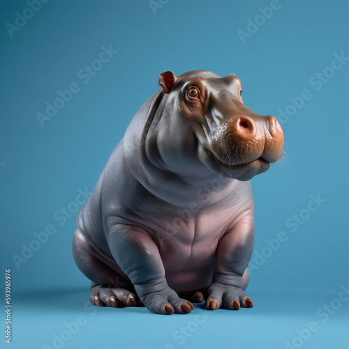 Fotografia hippo sitting isolated on plain blue studio background, made with generative ai