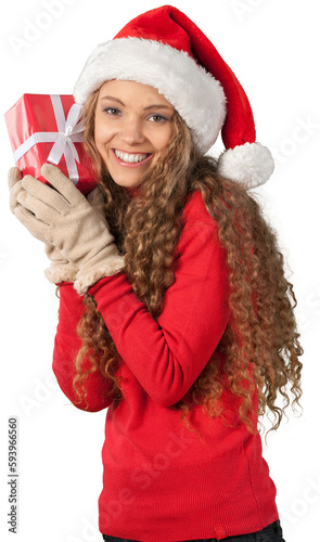 Beautiful young woman holding christmas gift on white background