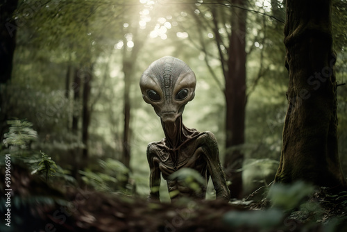 Generative AI illustration of portrait of extraterrestrial ancient alien looking at camera against blurred green trees in forest during daytime