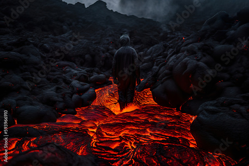 Generative AI illustration of back view of unrecognizable extraterrestrial alien walking on lava flowing through rocky formations photo