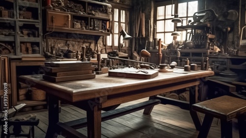 Vintage Workshop with Wooden Table and Tools