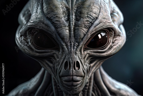 Generative AI illustration of closeup of extraterrestrial ancient alien with wide dark eyes looking at camera against blurred background photo