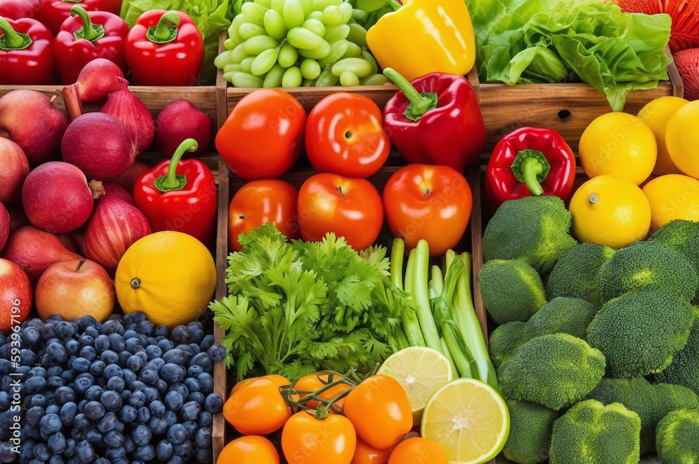 Fruits and vegetables in wooden crates