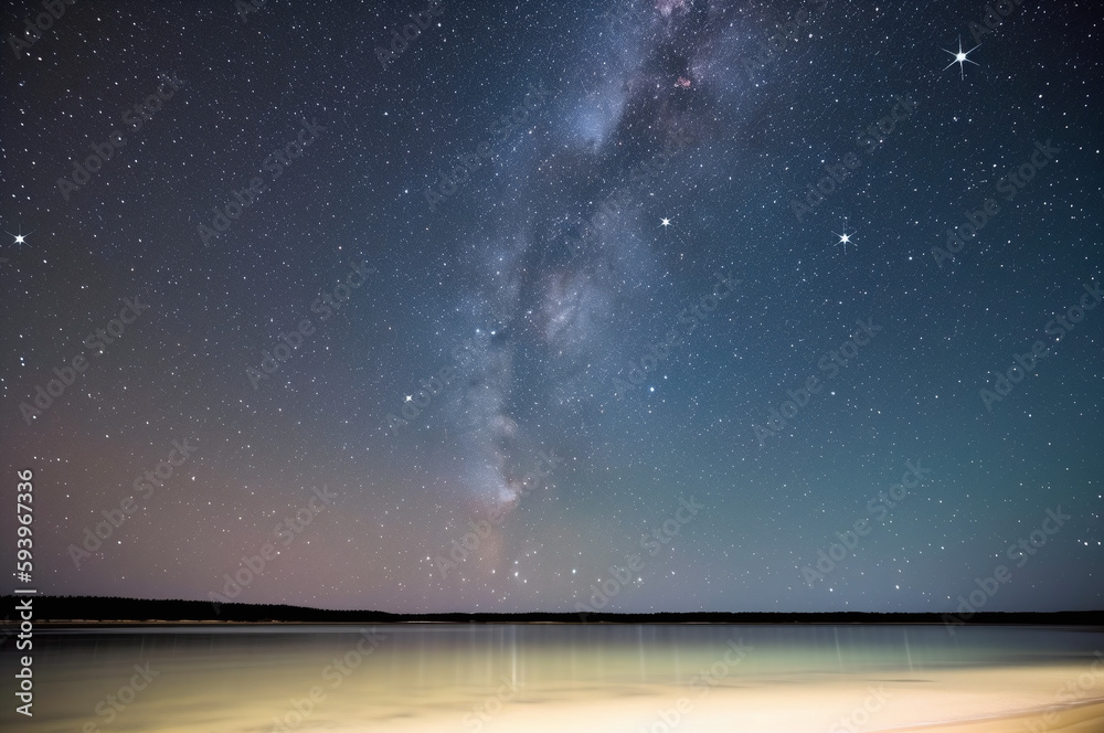 Starry night sky over deserted beach