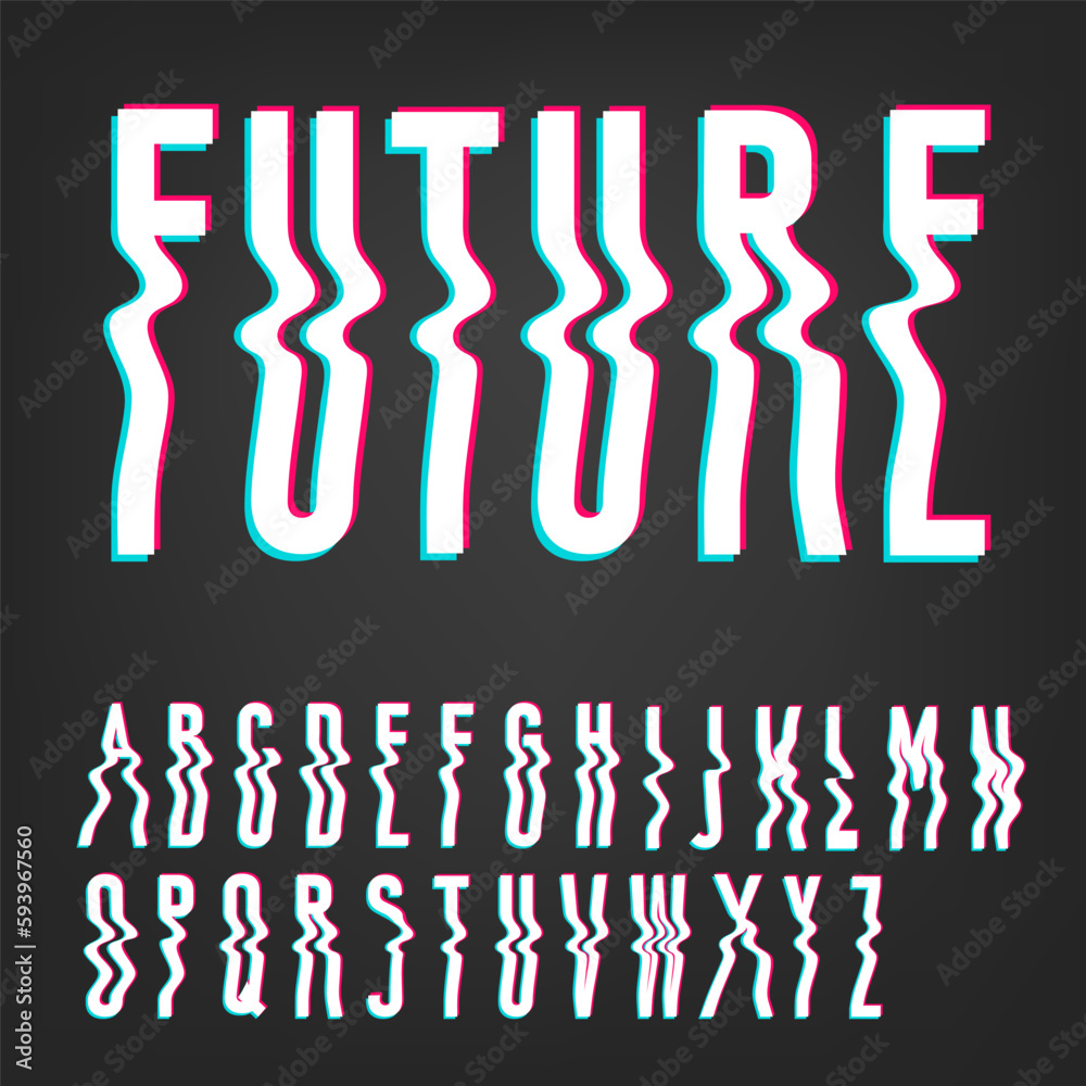 Modern wavy font with glitch effect in trendy psychedelic y2k rave style. Alphabet Uppercase. Nostalgia for 1990s -2000s. Vector illustration Modern wavy font with glitch effect in trendy psychedelic y2k rave style. Alphabet Uppercase. Nostalgia for 1990s -2000s. Vector illustration