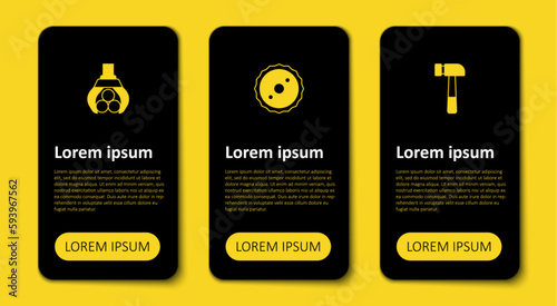 Set Hammer, Circular saw blade and Grapple crane grabbed log. Business infographic template. Vector