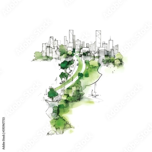 A sketch of an isolated green buildings promoting walkability and clean public infrastructure. The sustainable urbanism design highlighting a carbon-neutral, eco-friendly architecture. Generative AI photo