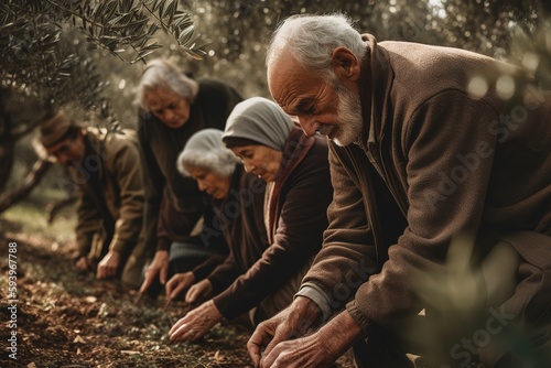 Elderly adults picking an olive in an olive grove. Generative AI