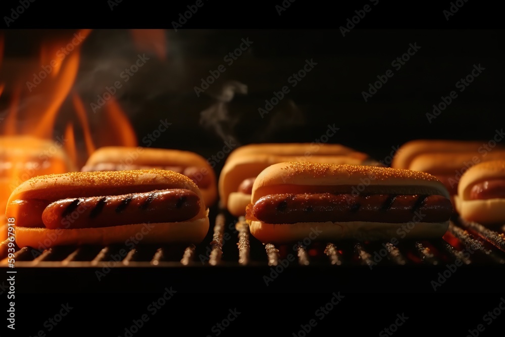 A hot dog cooks over an open grill, flames licking at the sides as it roasts, bursting juices and oils filling the air with aroma. Generative AI - obrazy, fototapety, plakaty 
