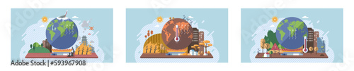 Toxic waste from human set. Industries create pollution and cities affected by pollution. Climate change cycle dried or dry cracked land suffering from drought. Weather global greenhouse warming risks