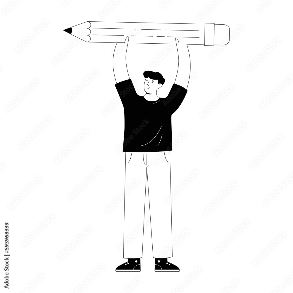 Cartoon student standing with a pencil vector illustration. Stationery ...