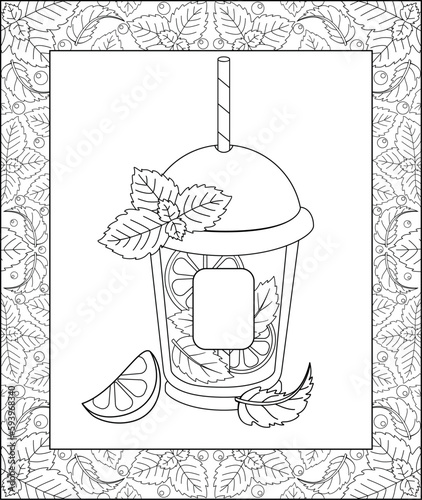 A glass with a mojito closed with a lid, lime and mint - a vector linear picture in a frame for coloring. Outline. Disposable glass with lid and drinking straw. Summer cocktail for coloring