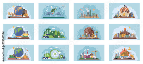Saving the planet, World Environment Day. Planet Earth in smoke, plastic, garbage. Global warming set. Climate change. Earth day. Eco activist. Ecological catastrophy. Earth with reasons of destroying