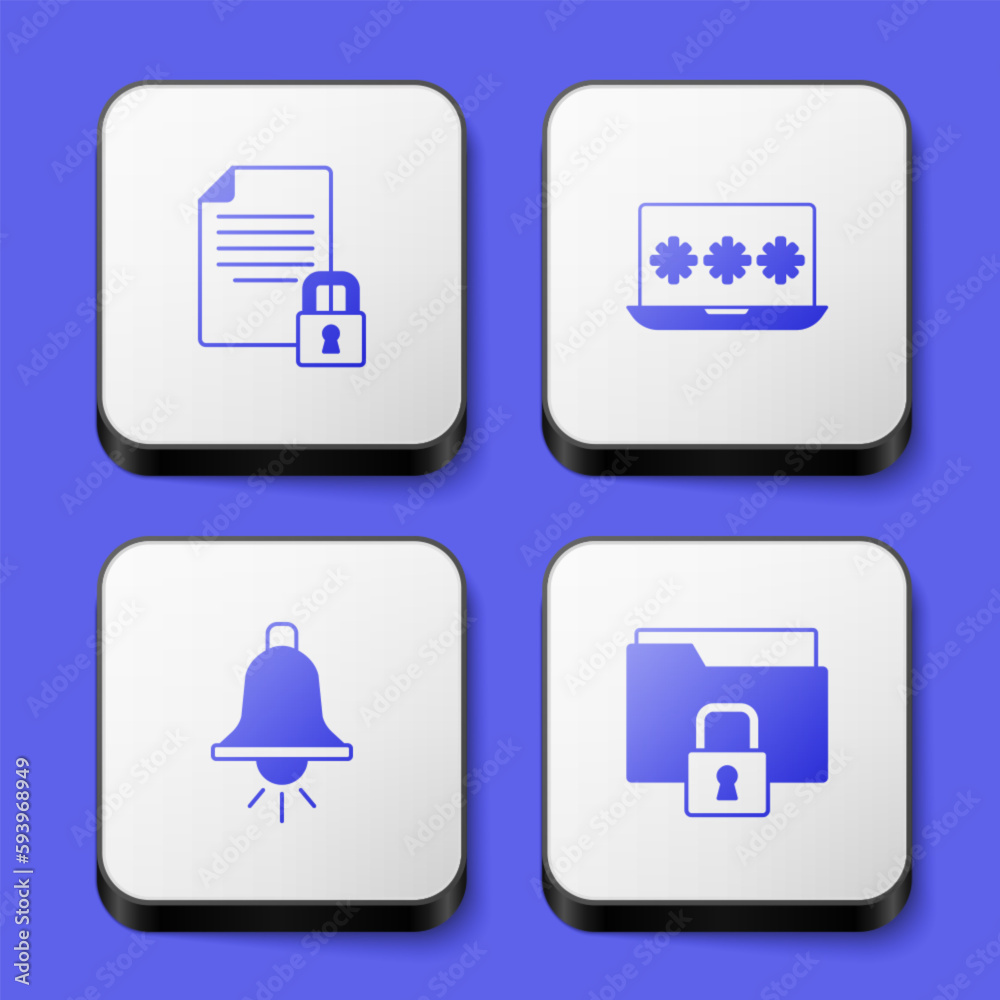 Set Document and lock, Laptop with password, Ringing alarm bell and Folder icon. White square button. Vector Set Document and lock, Laptop with password, Ringing alarm bell and Folder icon. White square button. Vector