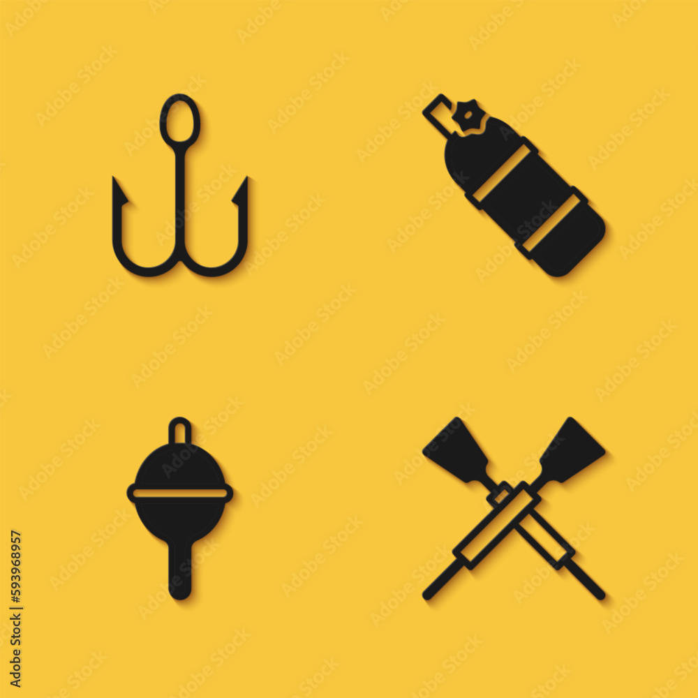 Set Fishing hook, Crossed oars or paddles boat, float and Aqualung icon with long shadow. Vector Set Fishing hook, Crossed oars or paddles boat, float and Aqualung icon with long shadow. Vector