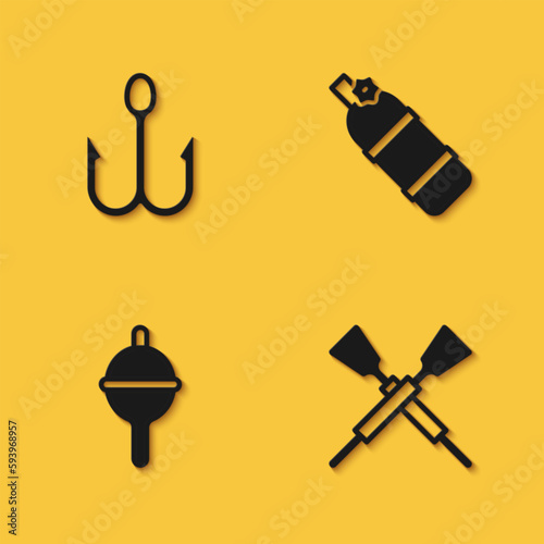 Set Fishing hook, Crossed oars or paddles boat, float and Aqualung icon with long shadow. Vector