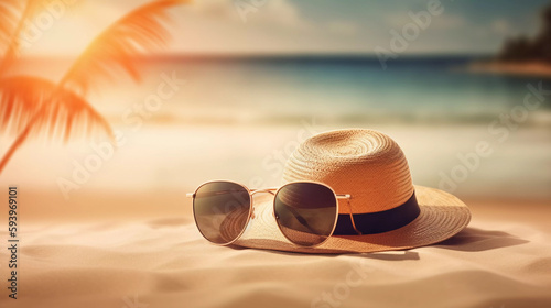 hat with sunglasses on the beach
