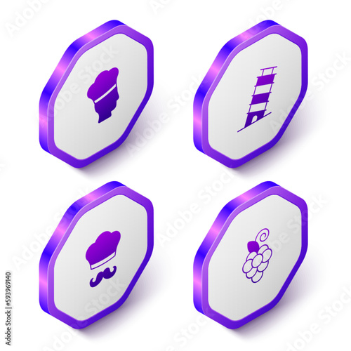 Set Isometric Italian cook, Leaning tower in Pisa, and Grape fruit icon. Purple hexagon button. Vector