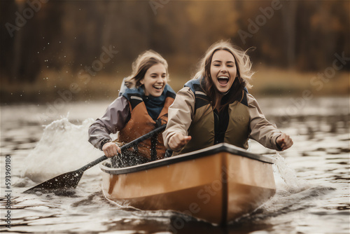 Two women have fun in canoe paddling along river, using oars water sports © olga_demina