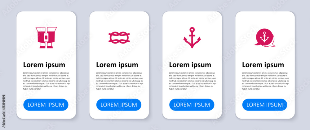 Set Anchor, Nautical rope knots and Binoculars. Business infographic template. Vector