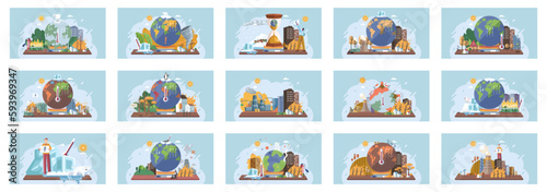 Metaphor climate change, global warming and water crisis. Measuring planet temperature. Global warming, greenhouse, melting ice, earth pollution and disaster. Plastic pollution and ecology problems