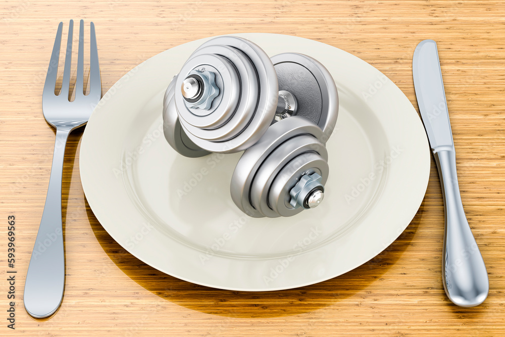 Dinner plate with dumbbells, 3D rendering