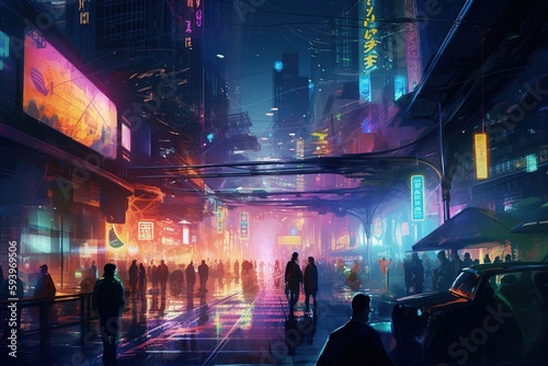 Illustration nightlife of a futuristic city, with fluorescent lights illuminating the streets. The scene is energetic and dynamic, with people dancing and socializing in clubs and bars. Generative AI