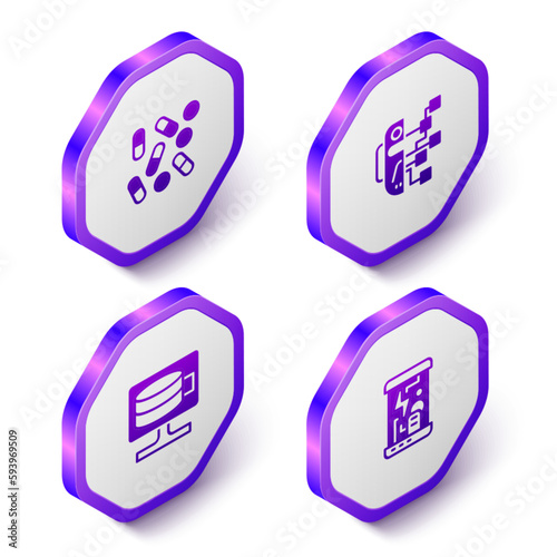 Set Isometric Medical pill biohacking, Humanoid robot, Cloud database and Cryogenic capsules icon. Purple hexagon button. Vector
