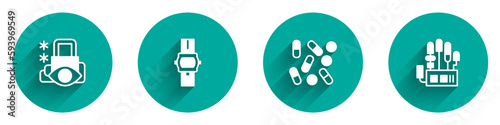 Set Cyber security, Wrist watch, Medical pill biohacking and Mechanical robot hand icon with long shadow. Vector