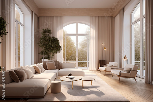 Modern interior in beige pastel color. Living room with large windows to the floor. Generative AI