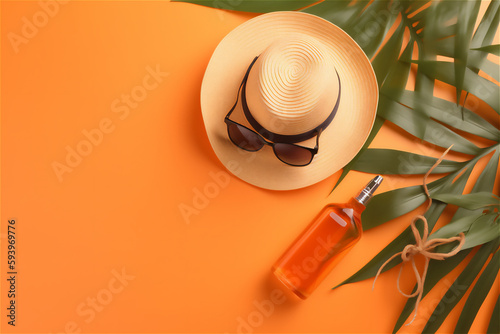 summer-themed flat lay. straw hat, sunglasses, sunscreen bottle and palm leaves on orange background