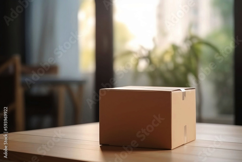 Delivery on Table: Parcel Box with Blurred Home Background and Copy Space © Thares2020