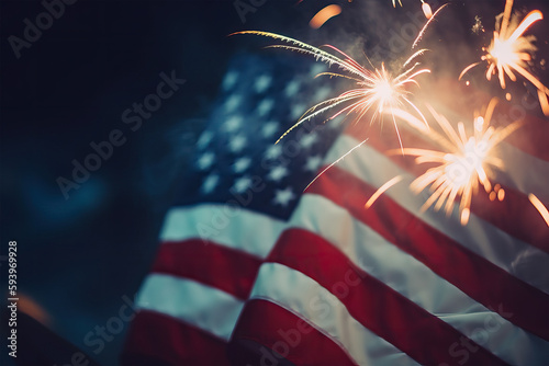 Blurred national holiday background with USA flag and fireworks. Generative AI