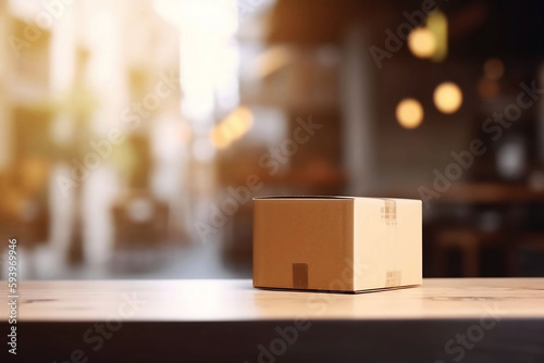Delivery on Table: Parcel Box with Blurred Home Background and Copy Space