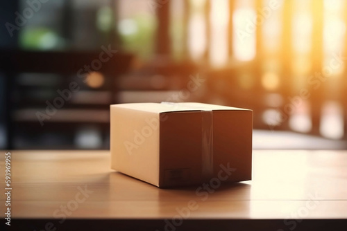 Delivery on Table: Parcel Box with Blurred Home Background and Copy Space © Thares2020